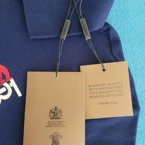 Burberry Contrast Logo Cotton Pique Polo Shirt Mens Sz M Navy Blue Casual BNWT - Picture 4 of 15